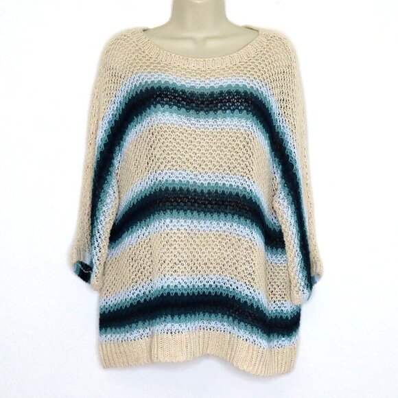 J Jill Women Petite Large PL Loose Knit Sweater Tan Blue Stripe Striped Pullover - Picture 10 of 10